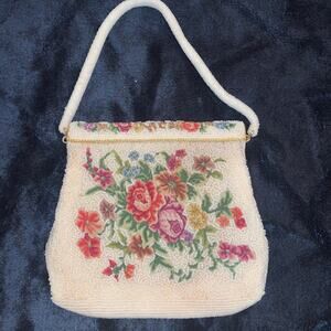 VINTAGE 50's 60's Glass BEADED PETIT POINT BAG PURSE COTTAGECORE
